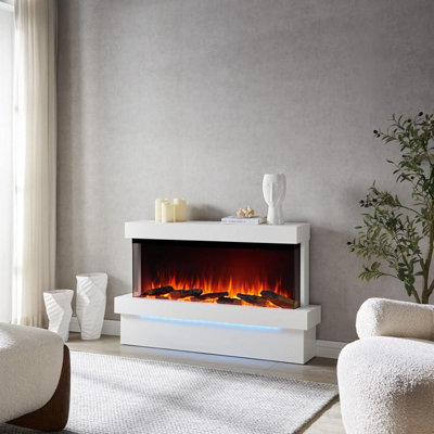 Flamme Knighton 51" 1/2/3-Sided Electric FireplaceApp Control1.8Kw HeaterWhite Freestanding Mantel Surround from B&Q