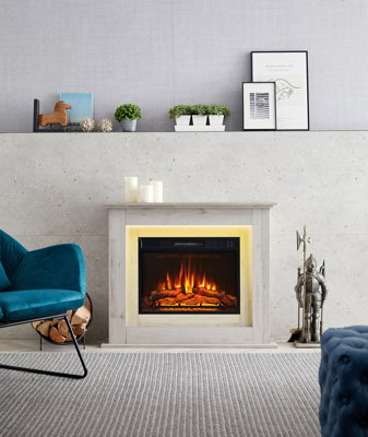 B&Q Flameko 39" Savannah Fireplace With Surround And Realistic Flame Effect Heater Bronx Oak Multiple Colours Available Grey