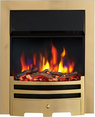 Flameko Verona 16" Electric Fireplace InsertLogs And Black Chips Included 2Kw HeaterBrass TrimBauhaus FretRemote from B&Q