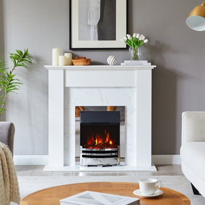 Flameko Verona 16" Electric Fireplace InsertLogs And Black Chips Included 2Kw HeaterChrome TrimBauhaus FretRemote from B&Q