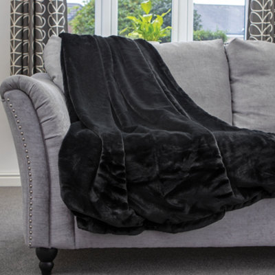 B&Q -  Blanket Throw Soft Faux Fur 160 X 130Cm Black Fleece Overblanket Fluffy Blanket  For Sofa & Beds