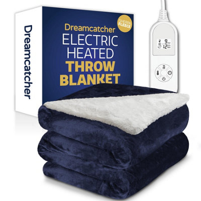 Dreamcatcher Sherpa Fleece Electric Heated Throw Over Blanket Double Polyester 160Cm X 120Cm Navy Blue from B&Q