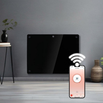 B&Q -  Electric 1000W Wifi Glass Radiator Panel Heater Black Wall Mounted Or Floor Standing Bathroom SafeTimer And Thermostat