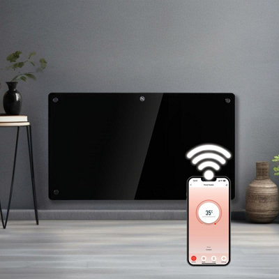 B&Q -  Electric 1500W Wifi Glass Radiator Panel Heater Black Wall Mounted Or Floor Standing Bathroom SafeTimer And Thermostat