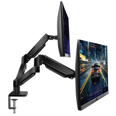 B&Q -  Dual Monitor Arm Desk Mount Gas Spring Bracket 13-32 Inch ScreensAdjustable StandFull Motion Tilt Swivel Rotation