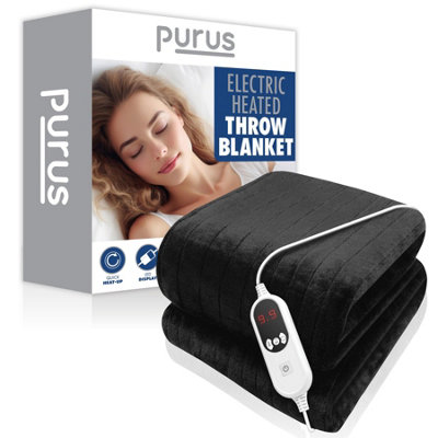 B&Q -  Deluxe Black Xl Electric Throw Heated Double Over Electric Blanket Soft Fleece 9 Heat & 12 Timer Settings