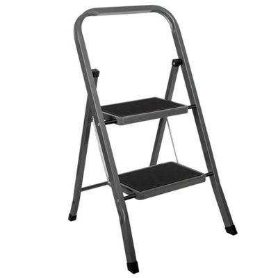 Futura Grey Step Ladder Heavy-Duty Steel Folding Home Diy Step Stool With Wide Non-Slip Steps & Anti Slip Feet 150Kg Capacity Size 2
