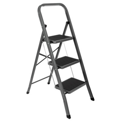 Futura Grey Step Ladder Heavy-Duty Steel Folding Home Diy Step Stool With Wide Non-Slip Steps & Anti Slip Feet 150Kg Capacity Size 3