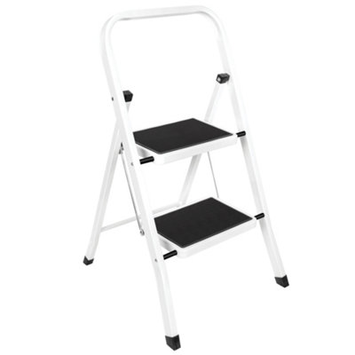 Futura White Step Ladder Heavy-Duty Steel Folding Home Diy Step Stool With Wide Non-Slip Steps & Anti Slip Feet 150Kg Capacity Size 2