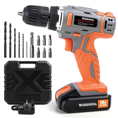 Terratek 18V Cordless Power Drill And Screwdriver Set & Drill Bit 13 Piece Kit Li-Ion Battery1 Hr Fast Charge With Case from B&Q