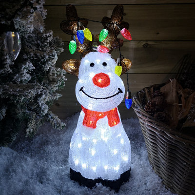 Samuel Alexander Unisex Multicolor 50Cm Outdoor Acrylic Sitting Ice White Christmas Reindeer With Multi Coloured Led Lights On Antlers - Image 6