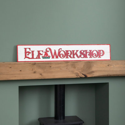 Samuel Alexander 92Cm Wooden White Washed Christmas Elf Workshop Sign With Red Letters from B&Q
