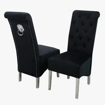 B&Q -  Megan Set Of 4 Black Plush Velvet Dining Chairs With Chrome Lion Knocker