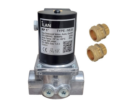  - Gas Solenoid Valve 1" With 2X Fitting Adaptors (28mm)