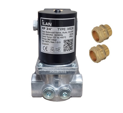  - Gas Solenoid Valve 3/4" With 2X Fitting Adaptors (22mm)