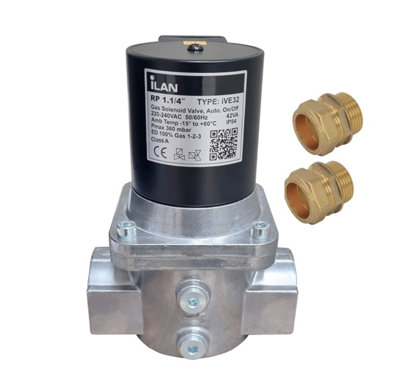  - Gas Solenoid Valve 1.1/4" With 2X Fitting Adaptors (35mm)