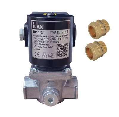  - Gas Solenoid Valve 1/2" With 2X Fitting Adaptors (15mm)