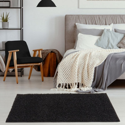 B&Q -  Black Soft Plain Design Fluffy Shaggy Rugs And Runners High Pile Living Room Kitchen Hallway 380