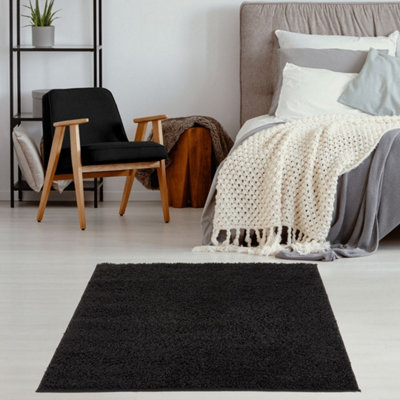 B&Q -  Black Soft Plain Design Fluffy Shaggy Rugs And Runners High Pile Living Room Kitchen Hallway 380