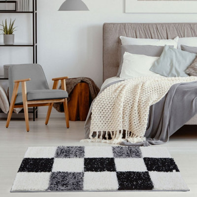 B&Q -  Black Grey And Ivory Soft Checkerboard Design Fluffy Shaggy Rugs And Runners High Pile Living Room Kitchen Hallway 381