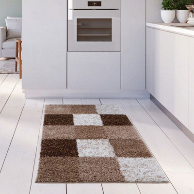 B&Q -  Brown And Ivory Soft Checkerboard Design Fluffy Shaggy Rugs And Runners High Pile Living Room Kitchen Hallway 381