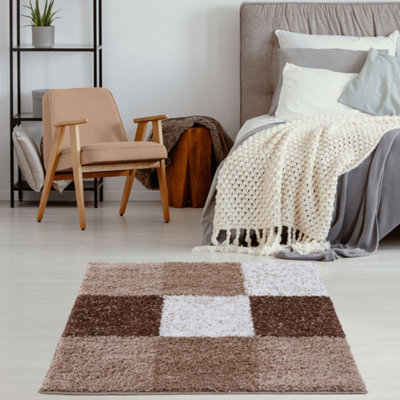 B&Q -  Brown And Ivory Soft Checkerboard Design Fluffy Shaggy Rugs And Runners High Pile Living Room Kitchen Hallway 381