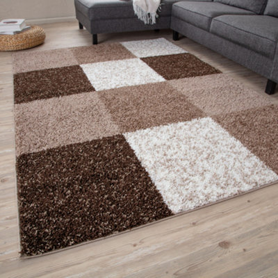 B&Q -  Brown And Ivory Soft Checkerboard Design Fluffy Shaggy Rugs And Runners High Pile Living Room Kitchen Hallway 381