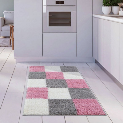 B&Q -  Pink Grey And Ivory Soft Checkerboard Design Fluffy Shaggy Rugs And Runners High Pile Living Room Kitchen Hallway 381