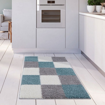 B&Q -  Duck Egg Blue Grey And Ivory Soft Checkerboard Design Fluffy Shaggy Rugs And Runners High Pile Living Room Kitchen Hallway 381