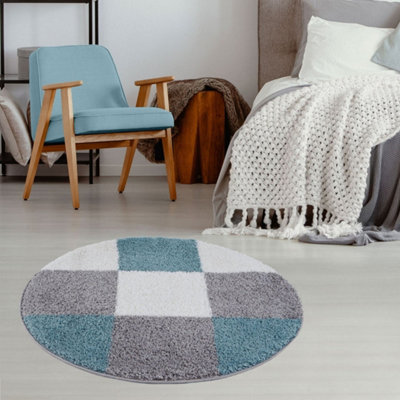 B&Q -  Duck Egg Blue Grey And Ivory Soft Checkerboard Design Fluffy Shaggy Rugs And Runners High Pile Living Room Kitchen Hallway 381