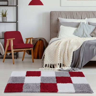 B&Q -  Red Grey And Ivory Soft Checkerboard Design Fluffy Shaggy Rugs And Runners High Pile Living Room Kitchen Hallway 381