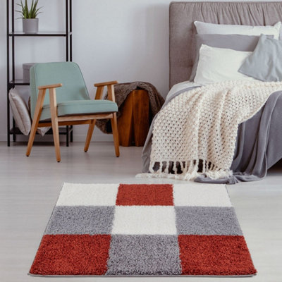 B&Q -  Terra Grey And Ivory Soft Checkerboard Design Fluffy Shaggy Rugs And Runners High Pile Living Room Kitchen Hallway 381