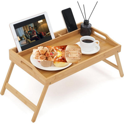  - Mantraraj Bamboo Bed Tray Table With Foldable Legs Breakfast Tray For Sofa Bed Eating Working Laptop Desk Stand