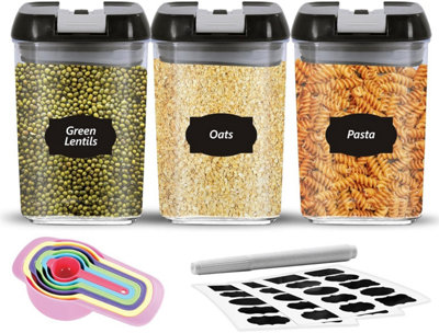 B&Q Mantraraj Airtight Food Storage Containers Set Pk3 X 0.8L Plastic Storage Jars With 1 Marker, 10 Labels, 6 Measuring Spoons