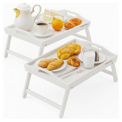 B&Q Mantraraj Bamboo Bed Tray Table Pack Of 2 With Foldable Legs And Handles Breakfast Tray (White) White