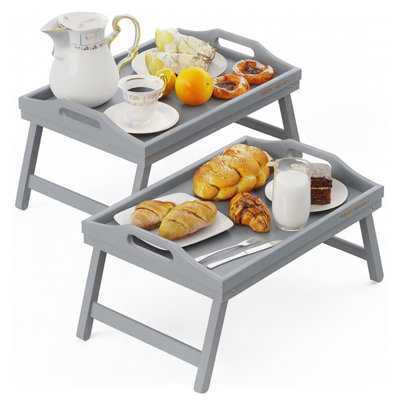  - Mantraraj Bamboo Bed Tray Table Pack Of 2 With Foldable Legs And Handles Breakfast Tray (Grey)