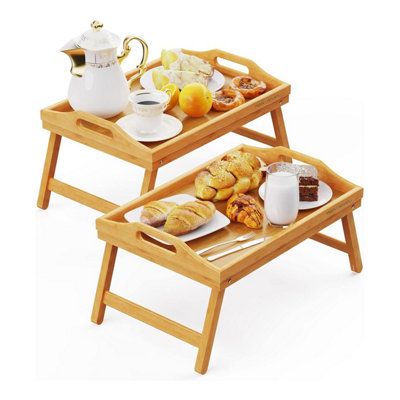  - Mantraraj Bamboo Bed Tray Table Pack Of 2 With Foldable Legs And Handles Breakfast Tray (Natural Brown)