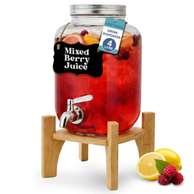 Heftman Glass Drink Dispenser With Tap Sturdy Bamboo Stand Juice Water 4 Litre from B&Q
