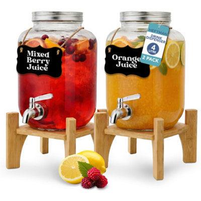 Heftman Glass Drink Dispenser With Tap Sturdy Bamboo Stand Juice 4 Litre 2 Pack from B&Q