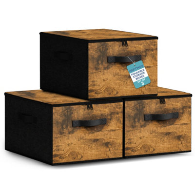 HEFTMAN Foldable Storage Boxes with Lids - Set of 3 (Rustic Brown) | 40 x 30 x 25cm, Non-Woven Fabric Storage Boxes with Lids & Handles, Collapsible Clothing Storage Box for Wardrobe, Bedroom - Image 3