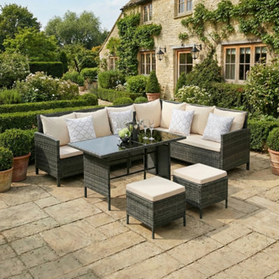 ThaliaRattan Corner Sofa Set With Rectangular Dining Table And Footstools- 8 SeaterGrey Rattan With Waterproof Cushions from B&Q