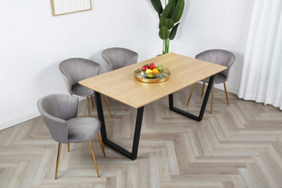 B&Q Mill Dining Set - Oak-Effect Table With 4 Velvet Chairs & Legs Grey/Silver