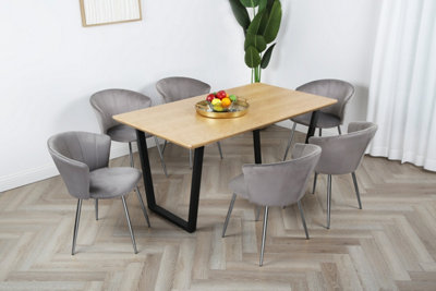 B&Q Mill Dining Set - Oak-Effect Table With 6 Velvet Chairs & Legs Grey/Silver
