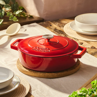Cooks Professional Cast Iron Shallow Casserole Dish 28Cm4.8L Cooking Pan With Lid & HandlesSuitable For All HobsRed from B&Q