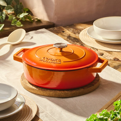 Cooks Professional Cast Iron Shallow Casserole Dish 28Cm4.8L Cooking Pan With Lid & HandlesSuitable For All HobsOrange from B&Q