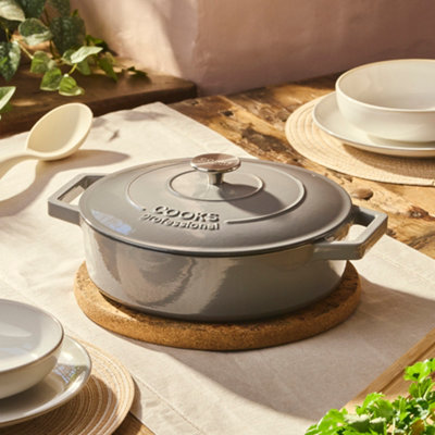 Cooks Professional Cast Iron Shallow Casserole Dish 28Cm4.8L Cooking Pan With Lid & HandlesSuitable For All HobsGrey from B&Q
