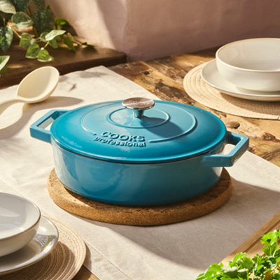 Cooks Professional Cast Iron Shallow Casserole Dish 28Cm4.8L Cooking Pan With Lid & HandlesSuitable For All HobsTeal from B&Q