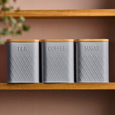 Cooks Professional 3 Piece Embossed Tea, Coffee & Sugar Cannister Set | Air-Tight Bamboo Lids, Diamond Pattern, Set of 3 Labelled Stainless Steel Storage Bins Containers | Grey - Image 4