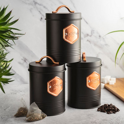 B&Q -  3 Piece Tea Coffee Sugar Cannister SetLabelled Kitchen Storage Tins With Airtight LidsBlack & Copper