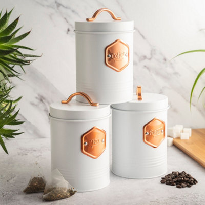 B&Q -  3 Piece Tea Coffee Sugar Cannister SetLabelled Kitchen Storage Tins With Airtight LidsWhite & Copper